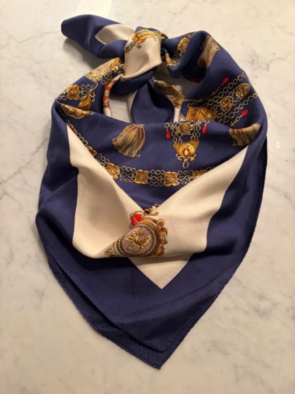Hermes Style Silk Scarf (Blue, Cream, Red)